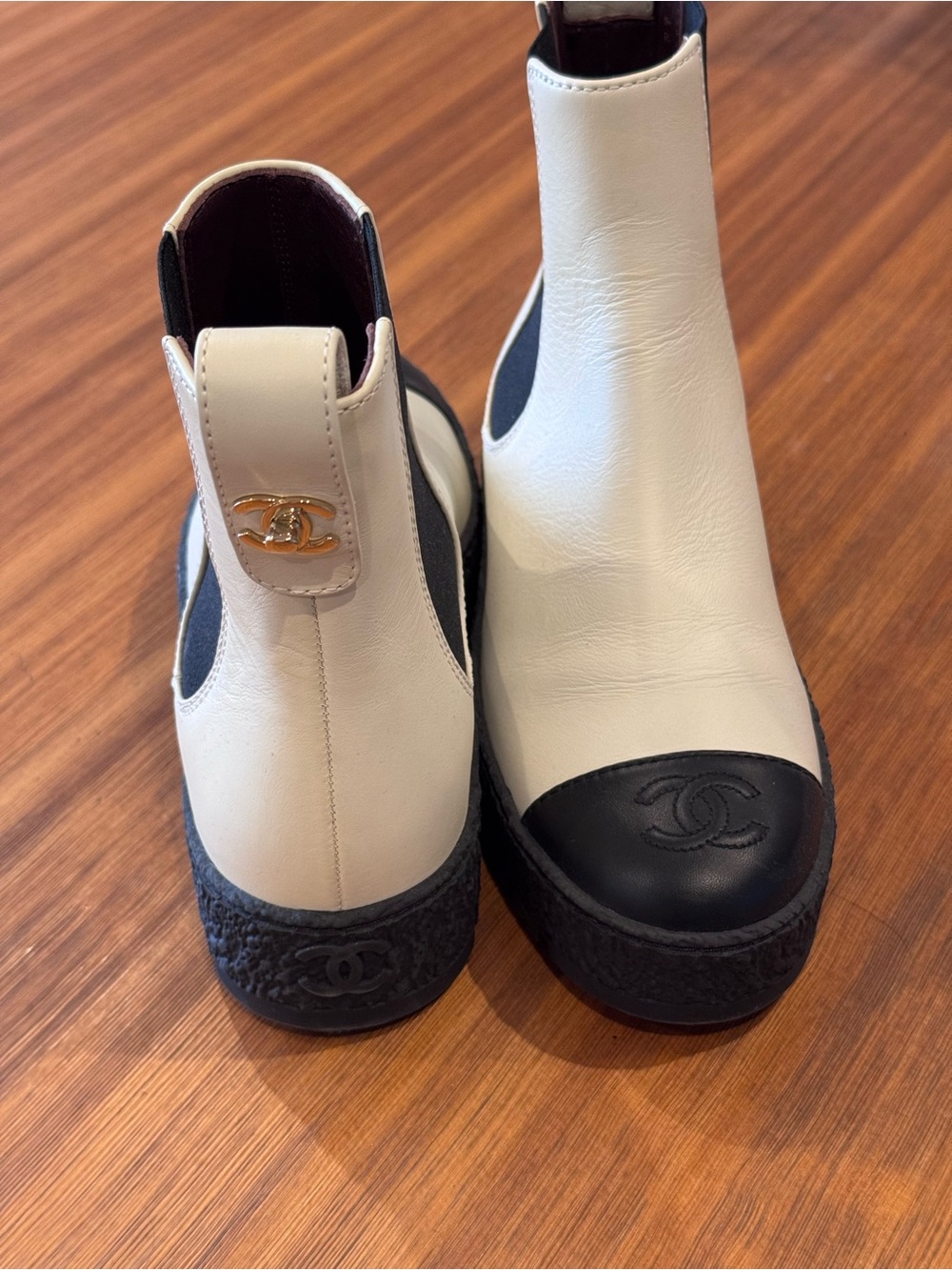 CHANEL Black & White Leather Chelsea Ankle Boots - Picture 2 of 3